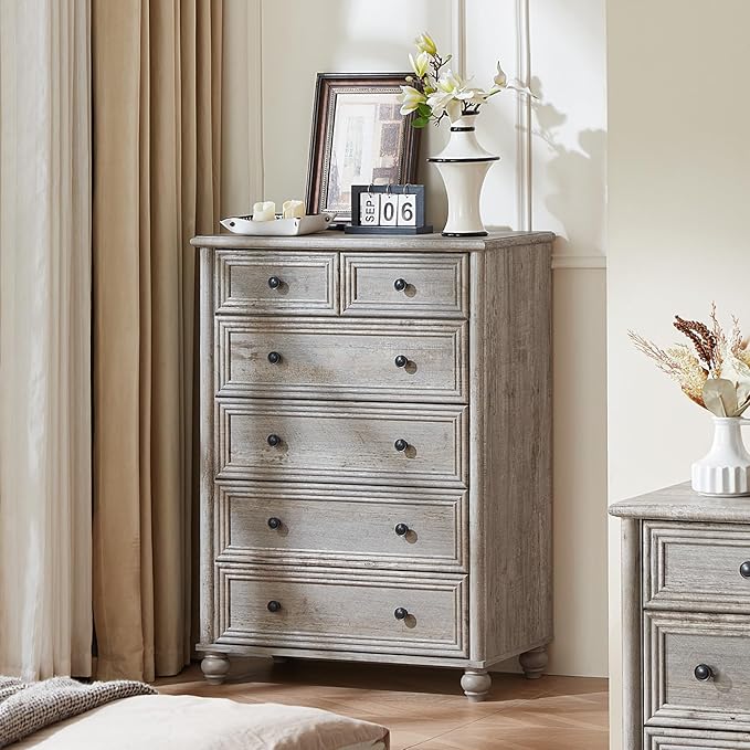 Farmhouse 6 Drawer Dresser, Grey Chest of Drawers, 43.5" Tall Dressers for Bedroom with Roman Column and Metal Handles, Rustic Wood Storage Organizer for Living Room, Hallway, Closet