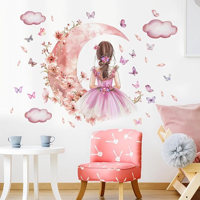 2 Sheets Pink Butterfly Girl Wall Decal - Removable DIY Moon Cloud Wall Decal Vinyl Pink Flower Princess Room Art for Girls Baby Nursery Bedroom Living Room Bathroom Classroom Decoration