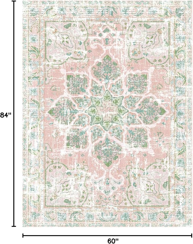 Vhong Boho Area Rugs Vintage Washable Neutral Modern Dusty Pink and Green 5x7 Non Slip Carpet for Nursery Living Room Dining Room Bedroom Farmhouse Girls'Room
