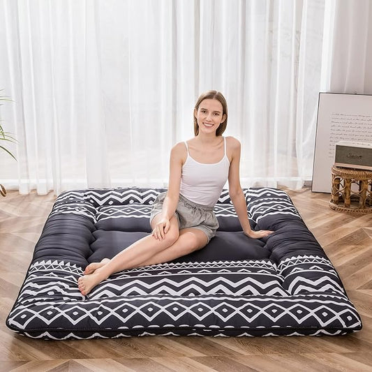MAXYOYO Japanese Floor Futon Mattress - Thicken Sleeping Pad, Roll Up Floor Lounger Bed for Camping, Guest Room - Thick, Soft and Comfortable, Black Stripe, Full Size