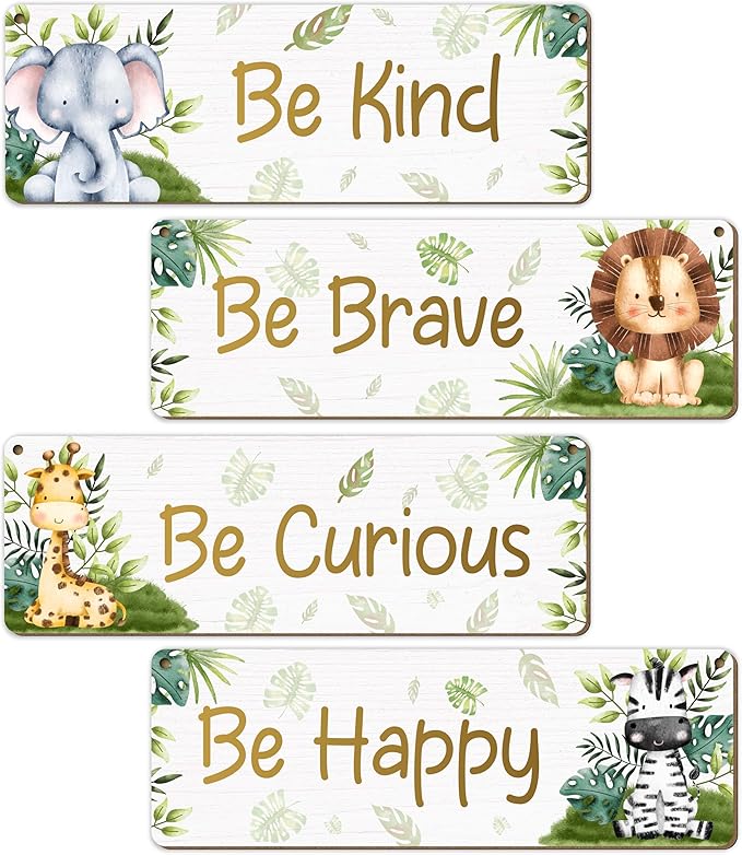 Woodland Nursery Decor, Jungle Safari Animals Boysroom Wall Sign Art, Motivational Bedroom Decorations for Kids Boys, 4 Pieces Wood Sign, 3.9x11.8 In-A04