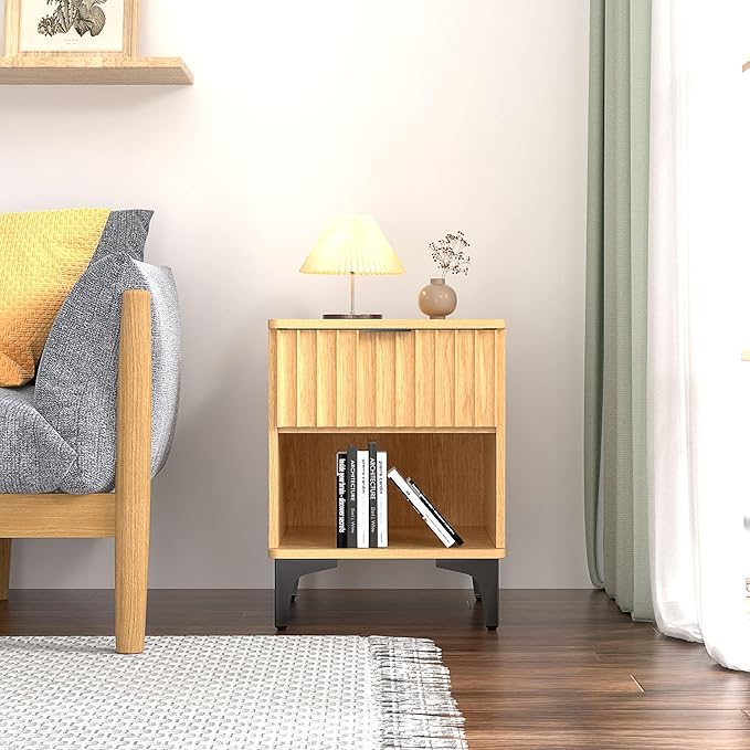 Night Stand, Two-Tier Modern Bedside Table with Open Shelf (Natural)