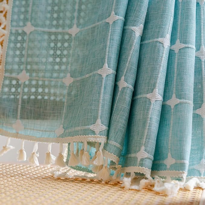 Deeprove Aqua Boho Curtain Valance 18 Inches Length Teal Bohemian Lattice Gingham Textured Embroidery Plaids, Vintage Chic Tassels Casual Easter Decor Drapes Rod Pocket, 1 Panel W52 x L18