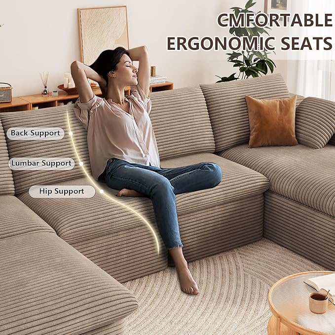 136" Cloud Modular Sectional Sofa with 1 Ottoman, Deep Seat Boneless Couch, Modern Upholstered Corduroy Couches, Comfort U Shaped Sofa for Living Room, No Assembly Required(Camel,Right Facing Chaise)