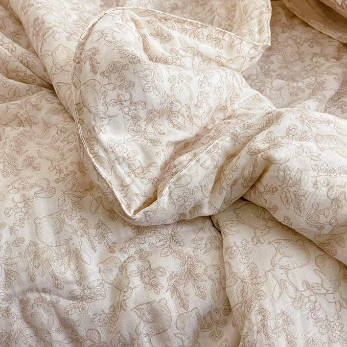 BuLuTu Muslin Cotton Full/Queen Bed Quilts for Kids Teens Vintage Boho Comforter with Lace Edges Soft Thin Comforter Rabbit Floral Quilted Blankets, 79"x90", No Pillowcases