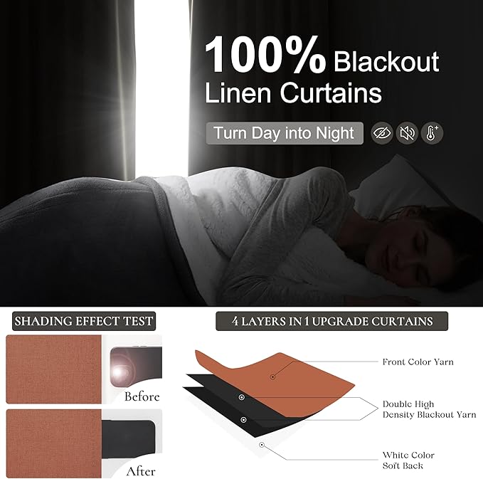 Fall Burnt Orange Curtains Blackout 84 Inches Long 2 Panels Set,Terracotta Autumn Color Decor Retro for Living Room/Bedroom Antique Copper Rust Boho 70s Window Pleated Linen Drapes Thermal (W50"xL84")
