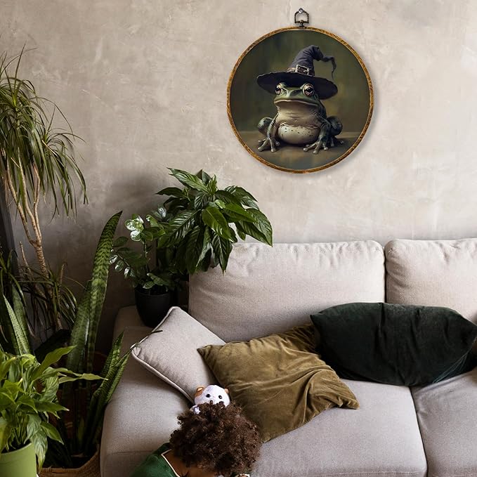 Hiuwevt Vintage Moody Gothic Witchy Frog Round Wall Art Decor, Dark Academia Cottagecore Framed Canvas Prints, Farmhouse Rustic Frog Round Wall Hanging Decor for Bedroom Home Decorations, 10x10 Inches