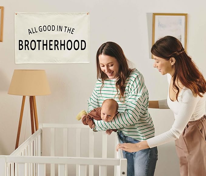 Nursery Rectangular Canvas Banner-Boho Flag Wall Sign for Boys Kids Brother,Baby Room Above Crib Playroom Reading Room Bedroom Decor-All Good in The Brotherhood-Baby Shower Birthday Christmas Gift