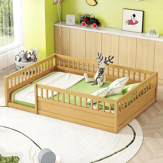 Kids Montessori Floor Bed,Full Size Floor Bed with High Fence and Door,Full Bed Frame with Guardrails for Kids,Girls,Boys,Full,Natural