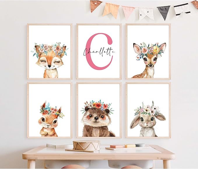 Personalized Flower Woodland Animals for Baby Girl Nursery Bedroom Unframed Poster Prints, Customized Name Cute Animals Wall Art Decor New Baby Girl Gift Present Bear Deer Bunny (8x10, 6 Prints)