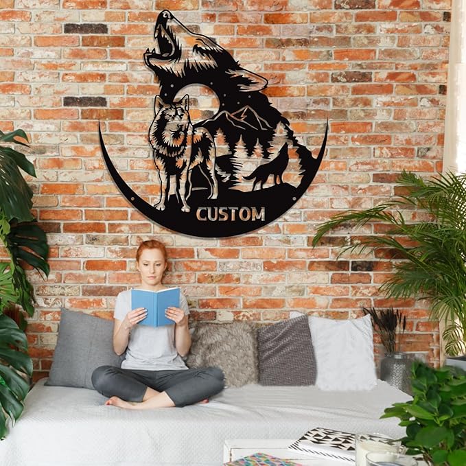 Custom Wolves Name Metal Sign, Black Wolves Wall Art, Cabin/Living Room/Porch Decor, Father's Day Gift, Personalized Birthday Gift for Husband/Hunter/Wolves Lover/Outdoorsmen