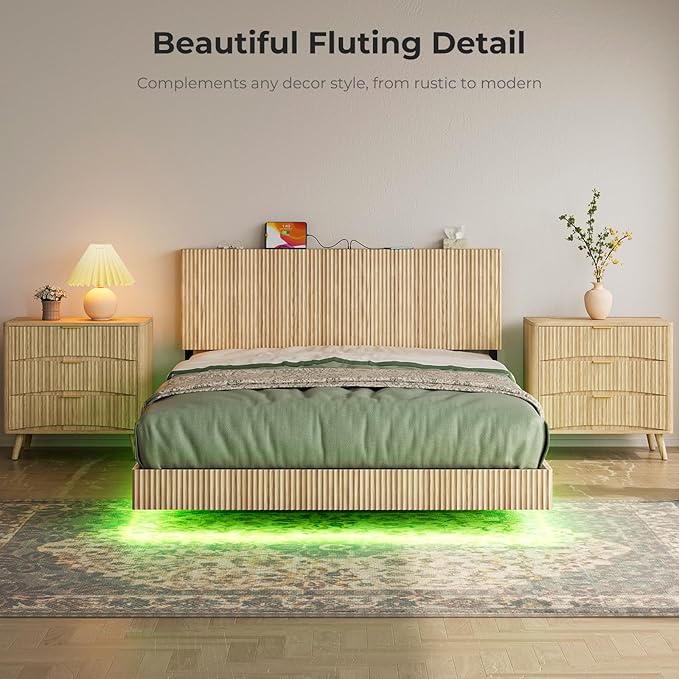 Evermagin Natural Queen Floating Bed Frame with Headboard, Boho Fluted Platform Bed with LED Lights, Heavy Duty Floating Bedframe with Charging Station, No Box Spring Needed
