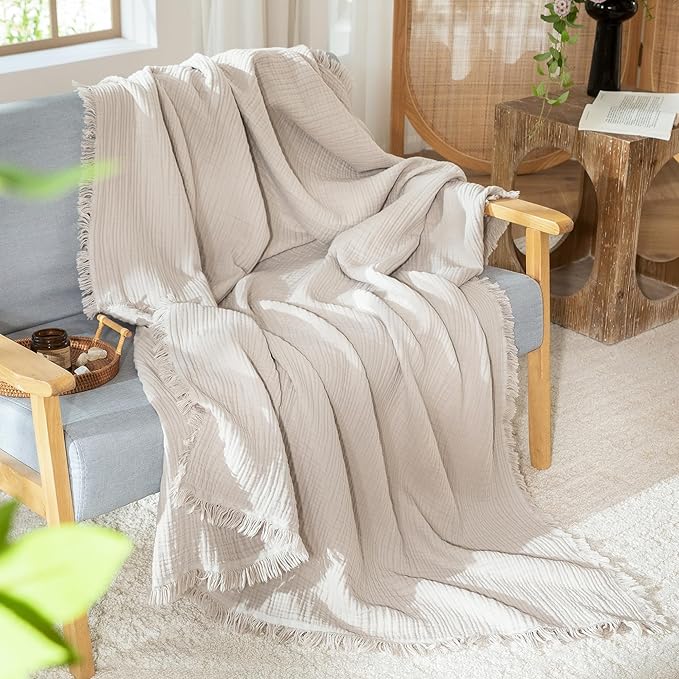 MooMee Muslin Blanket - 100% Cotton 4-Layer Gauze Throw Blanket with All-Around Fringe, Ultra-Soft Breathable Lightweight Cooling Decorative for Bed, Sofa & Couch (Cream Grey,Throw 60" x 50")