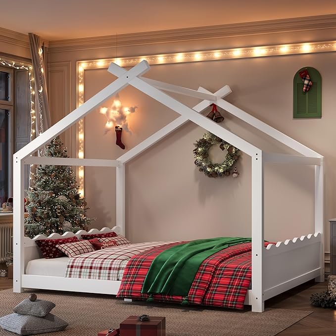 Queen Size Wooden House Floor Bed - Kids Bed Frame with Roof & Support Slats for Bedroom, No Box Spring Needed, Easy Assembly (White)