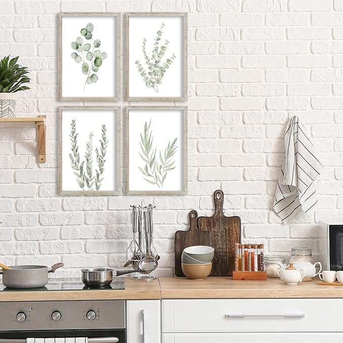 LuZhiQiang Botanical Wall Decor Sign 16x11 Inch Sage Green Plants Prints Set of 4 Modren Minimalist For Bathroom Bedroom Laundry Room Aesthetic Watercolor Small Wood Framed Wall Hanging Art (White)