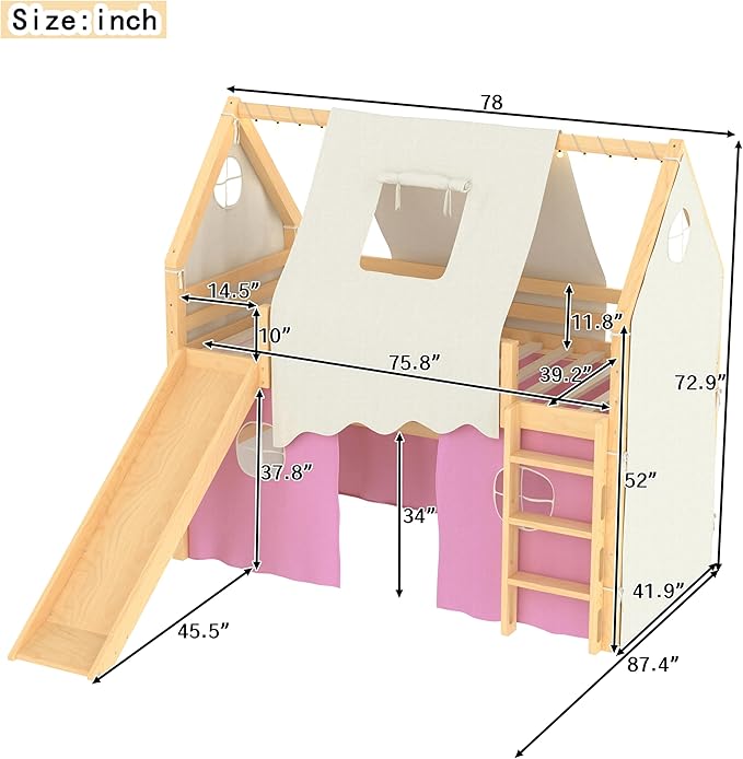 Playhouse Design Twin Size Loft Bed with Slide & Tent, Solid Wood Tent Bed Frame for Kids Boys Girls, Versatile Spacious Under Bed Space, Chic Design with Lights (Natural+Pink-Twin)