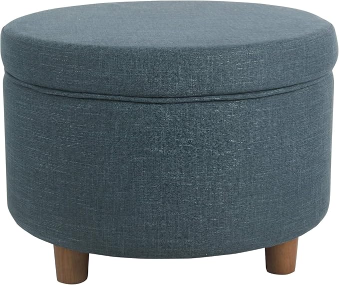 Homepop Home Decor | Upholstered Round Storage Ottoman | Ottoman with Storage for Living Room & Bedroom (Teal Linen) Large