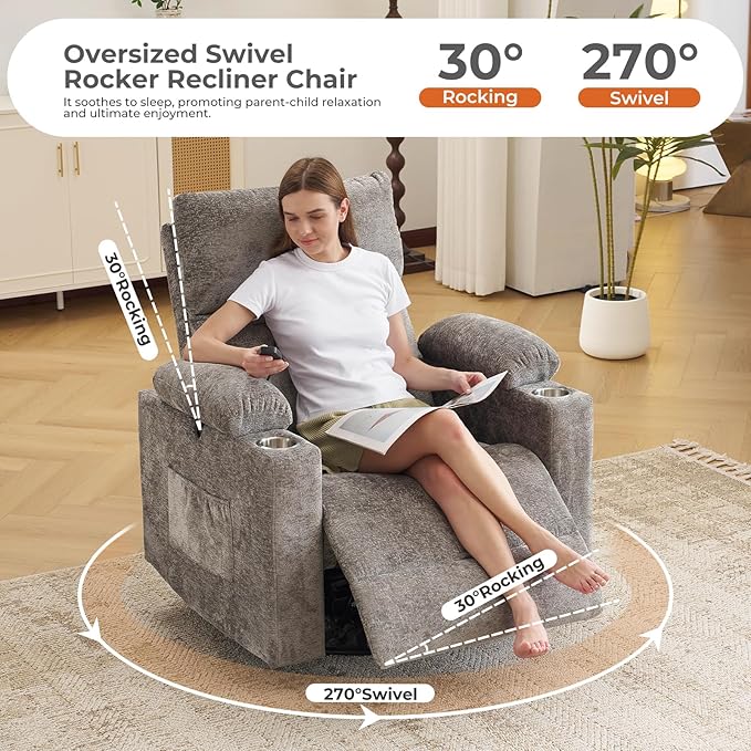 Oversized Power Recliner Chair Swivel Glider with Massage and Heat, Swivel Rocker Recliner with Adjustable Armrests, 26" Wide Nursery Chair with Storage Ottoman, Rocker Nursery Recliner, Dark Grey