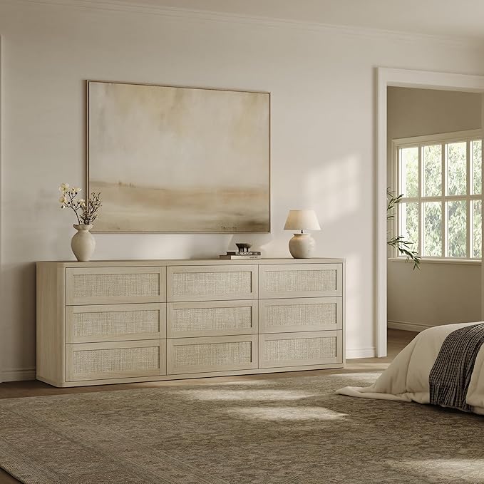 SICOTAS Dresser for Bedroom - 9 Drawer Dresser for Nursery 78.5" Wide Rattan Dressers & Chests of Drawers Boho Drawers for Bedroom Living Room Clothes Long Closet Storage for Closet Hallway Entryway