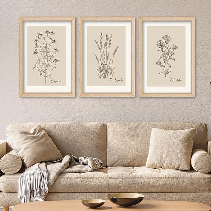 YWJKWLGS Vintage Botanical Wall Art 11x16 Inch Set Of 3 Wooded Framed Minimalist Rustic Wildflower Pictures Floral Sign Bedroom Wall Hanging Decor (Wood)