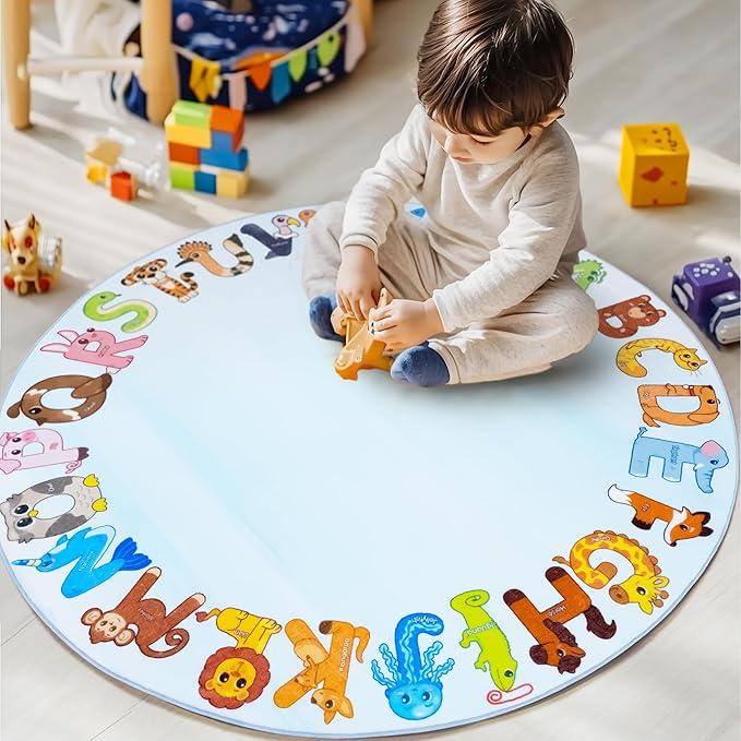 Kids Rugs for Playroom, 4'x4' Round Educational Rug for Learn The ABC Alphabet, Soft Machine Washable Non-Slip Cute Animal Carpet for Classroom Toddler Nursery Kids Room Decor Mat, Blue