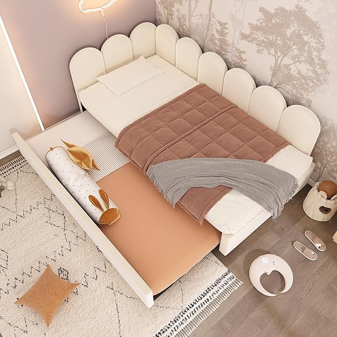 Merax Modern Upholstered Sofa Day Bed with Trundle Bed, Floor Platform Bed Frame with Headboard, No Box Spring Needed/Easy Assemble Twin, Beige