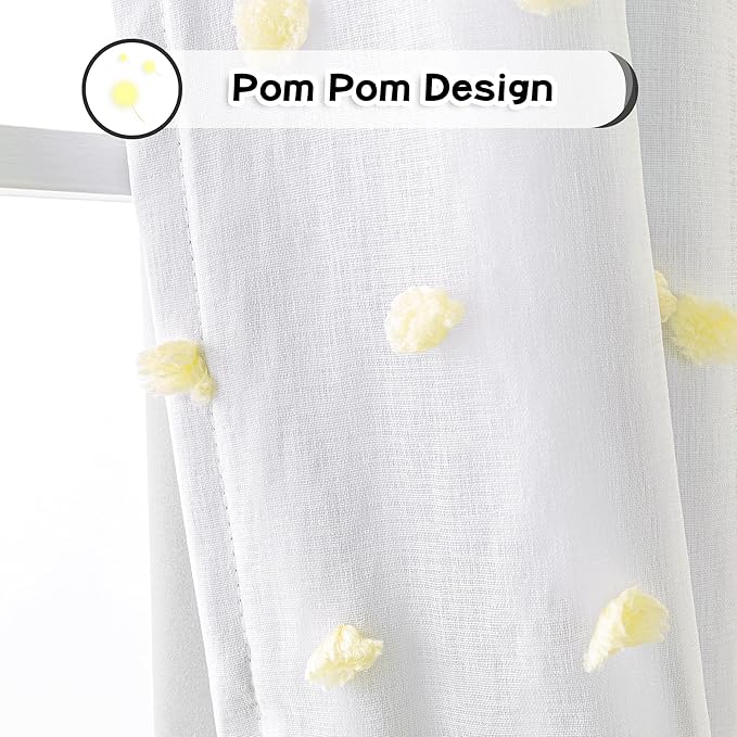 MYSKY HOME 100% Blackout Curtains for Girls Kids Bedroom Thermal Insulated 84 Inch Length Nursery Curtains 2 Panels Grommet Light Filtering Yellow Pom Pom Sheer Drapes for Dining Room, 52W x 84L