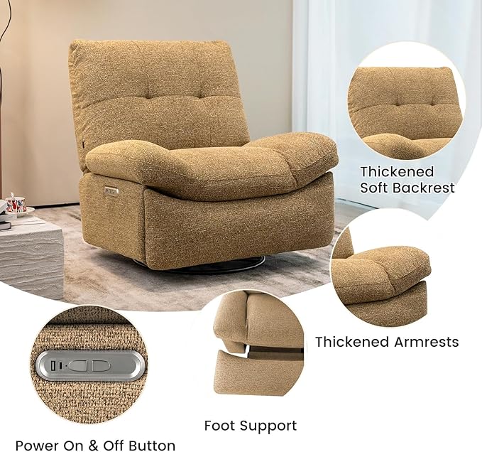 Nouhaus Swivel Rocking Chair Nursery, Oversized Glider Rocker Recliner Chairs with Footrest, USB & Type-C Ports, Rocking Recliner Chair for Nursery, Living Room (Snooze Classic, Autumn Brown)