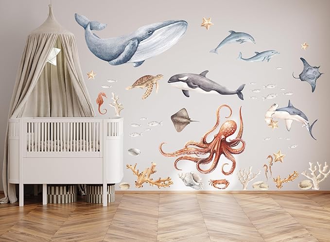 Ocean Wall Stickers & Shark Decals – Fish Stickers and Ocean Wall Stickers for Nursery Baby Kids Bedroom Bathroom, X-Large Set(80″ W × 80″ H) 50 Pcs