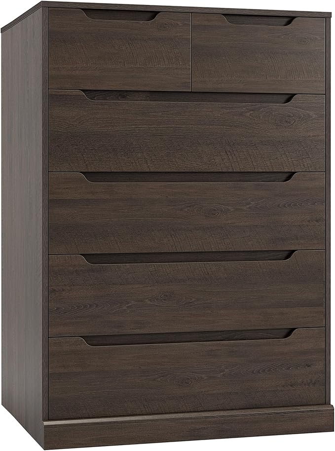 HOSTACK Modern 6 Drawer Dresser for Bedroom, Tall Chest of Drawers with Storage, Large Wood Storage Chest Organizer with Cut-Out Handle, Accent Storage Cabinet for Living Room, Hallway, Dark Brown