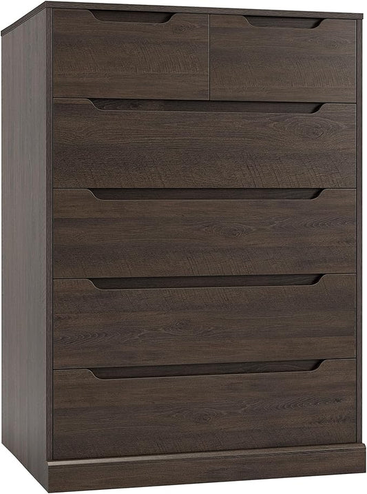 HOSTACK Modern 6 Drawer Dresser for Bedroom, Tall Chest of Drawers with Storage, Large Wood Storage Chest Organizer with Cut-Out Handle, Accent Storage Cabinet for Living Room, Hallway, Dark Brown
