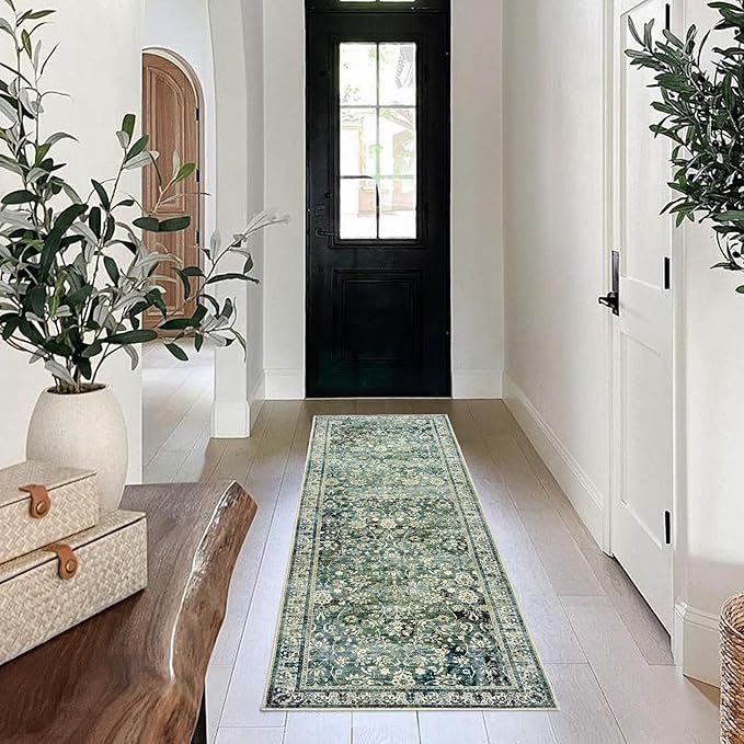 Green Washable Bathroom Hallway Runner Rug with Rubber Backing Non Slip Vintage Boho Floral Long Runners Rugs for Entryway Indoor Laundry Room Bath Floor Kitchen,2x6,24x72 Inch,Dark Emerald