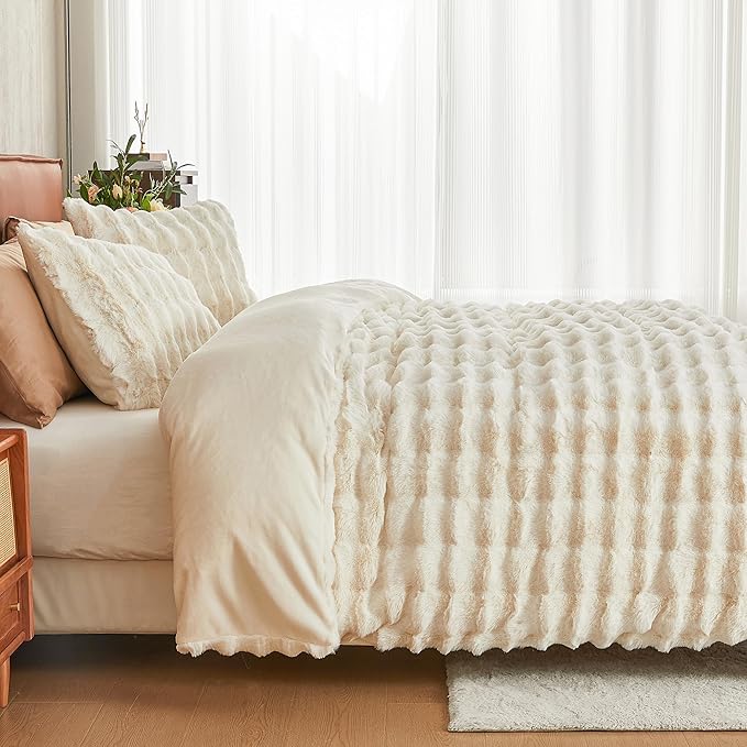 JELLYMONI Plush Duvet Cover Set - Twin Size Beige Faux Fur Comforter Cover 2pcs Bedding Set Luxury Ultra Soft Striped Fluffy Duvet Cover with Zipper and 1 Pillowcase (NO Comforter)