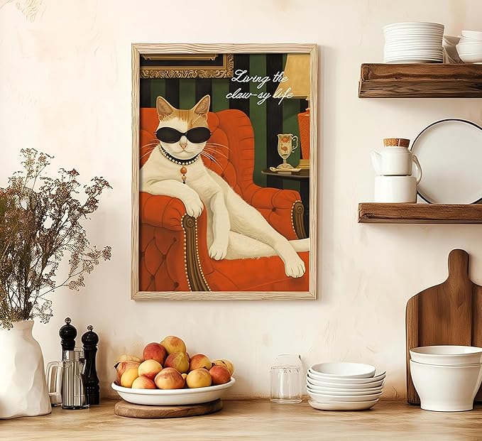 3Pcs Funny Cat Canvas Wall Art Elegant White Black Orange Cat Drinking Cocktail Painting Picture Wall Decor Luxury Feline Poster Print Bar Cart Artwork Decor for Bar Dining Room Bedroom Home Decortion