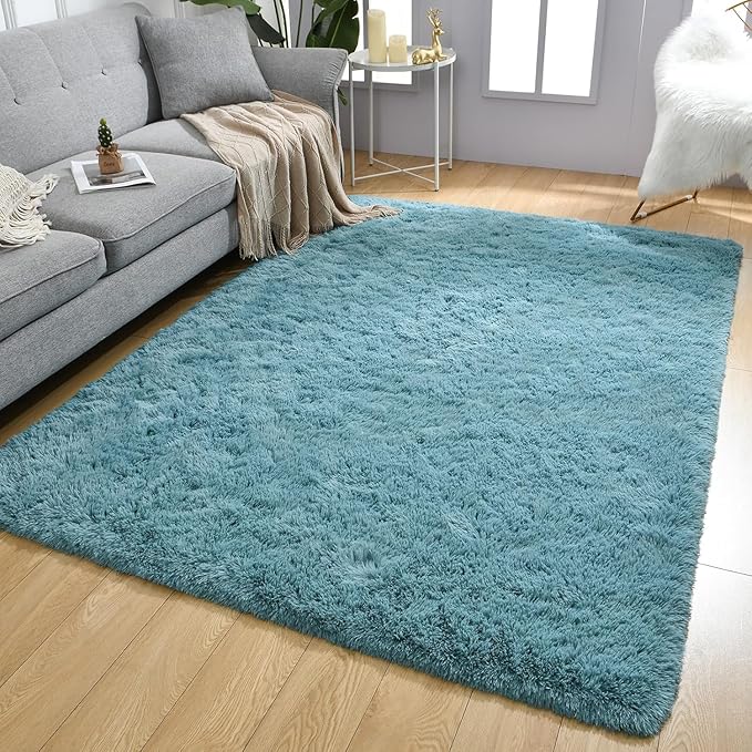 Merelax Soft Modern Indoor Large Shaggy Rug for Livingroom Bedroom Dorm Kids Room Home Decorative, Non-Slip Plush Fluffy Furry Fur Area Rugs Comfy Nursery Accent Floor Carpet 6x9 Feet, Turquoise Green