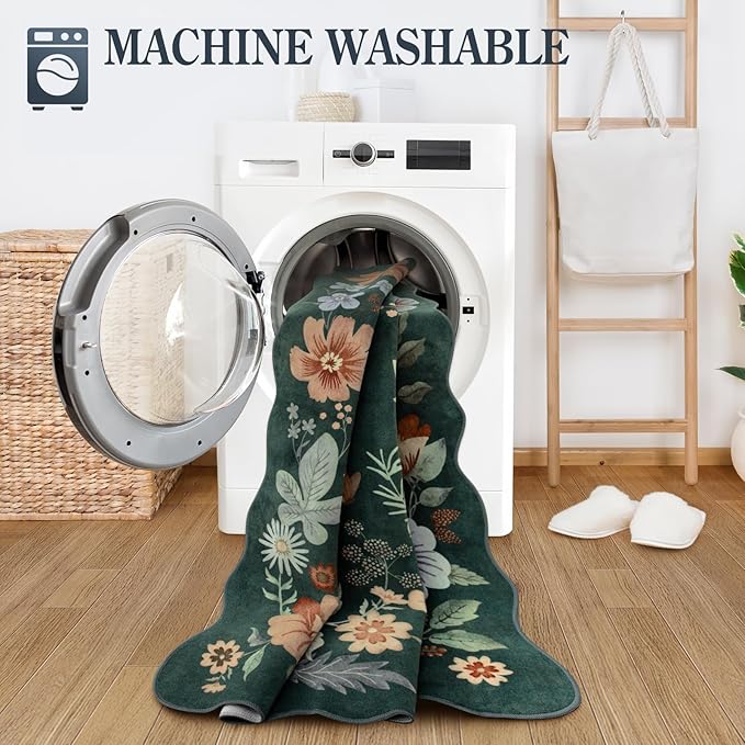 Lahome Floral Green Rugs for Entryway, 2X3 Washable Kitchen Rugs Non Slip Soft Rug, Ultra-Thin Indoor Door Mat Stain Resistant Boho Small Throw Carpet for Bathroom Bedroom(2x3ft, Dark Green)