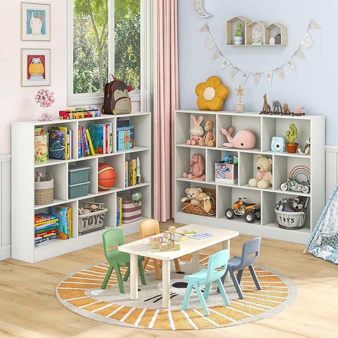 Costzon 10-Cube Bookshelf for Kids, Wooden Toy Storage Organizer w/ 2 Anti-Toppling Kits, 3 Tier Open Shelves & Non-Slip Foot Pads, Montessori Toy Shelf for Kids Rooms, Playroom, Classroom, Nursery