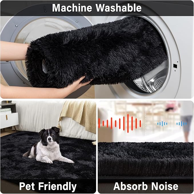 Merelax Soft Modern Indoor Large Shaggy Rug for Livingroom Bedroom Dorm Kids Room Home Decor, Non-Slip Plush Fluffy Furry Fur Area Rugs Comfy Nursery Accent Floor Carpet 9x12 Feet, Black