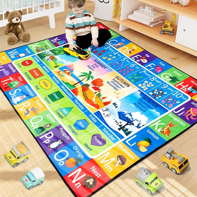 ABC Rug, Toddler Play Mat Rug 6x9 Feet, Extra Thick (0.4in) Washable Baby Play Mat for Floor, Classroom Carpet Non-Slip for Learning, Alphabet, Nursery Mat for Crawling & Fun & Playroom Decor