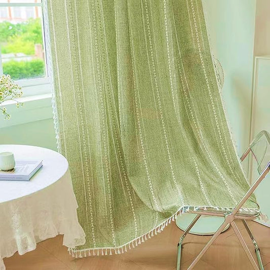 Deeprove Green Boho Curtains 108 Inches Long for Bedroom Living Room, Farmhouse Bohemian Embroidery Hollow Cotton Linen French Rustic Window Treatment Tassel Privacy Drape, W52 x L108 1 Panel
