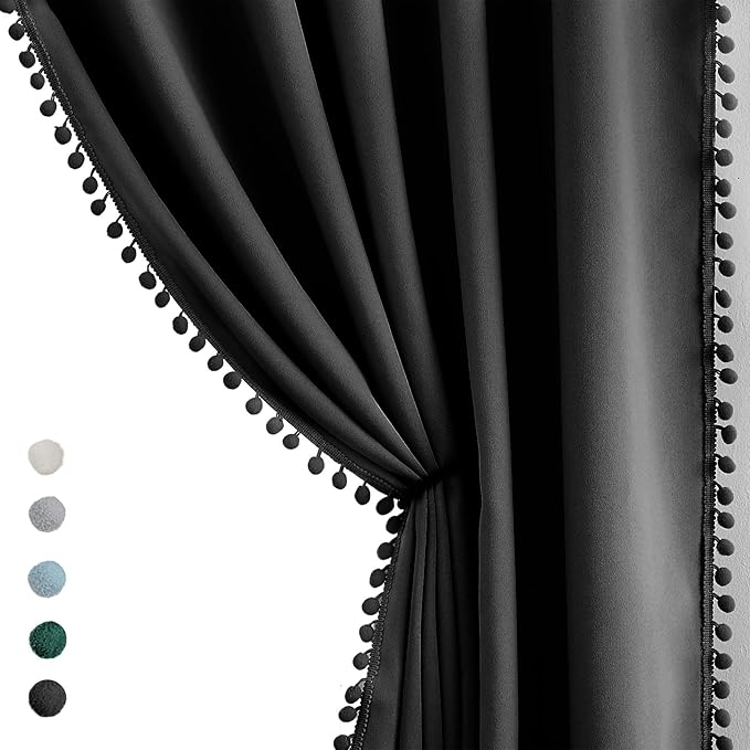 Treatmentex Pompom Blackout Curtains Bedroom Black 90 inch Length Windows Drapes Triple Weave Thermal Insulated Curtain Panels for Nursery Room Studio Hotel 52" w x2 Panels Rod Pocket