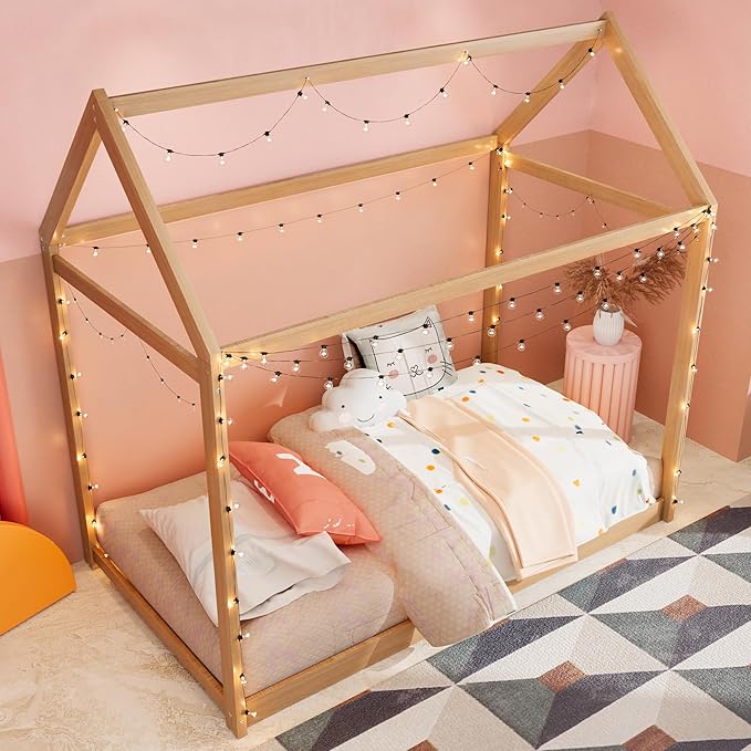Merax Twin Size Wooden House Bed, Wood Color
