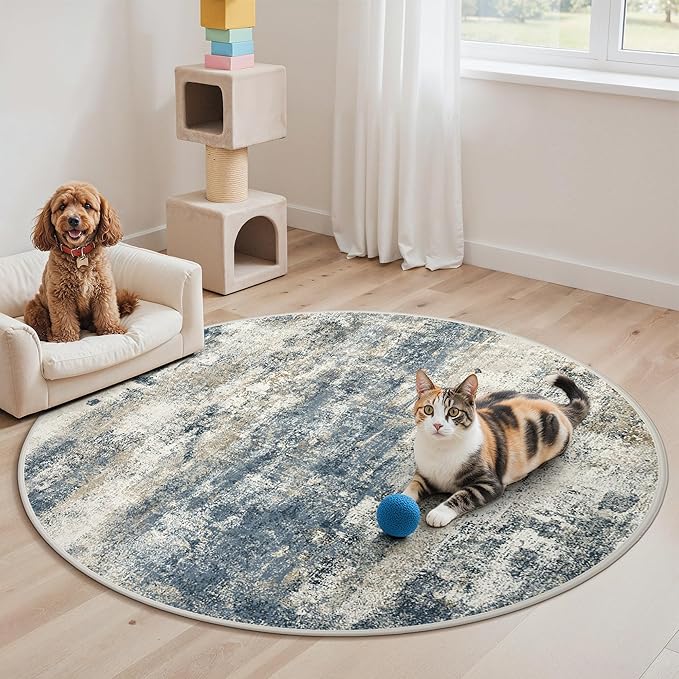GENIMO Round Area Rugs 5FT for Living Room, Washable Circle Rug Low Pile, Non Slip Abstract Carpet for Bedroom, Enytryway, Kitchen, Navy Blue