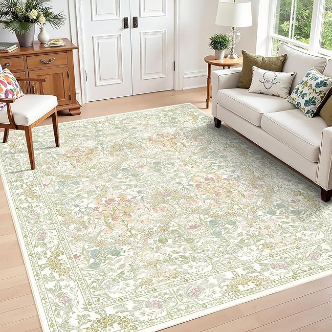 Farmhouse Sage Green Washable Nursery Rug 5x7, Floral Area Rug for Living Room, Bedroom, Dining Room Under Table, Home Office, Low Pile Non Slip Boho Carpet, Soft Cottagecore Botanical Accent Mat