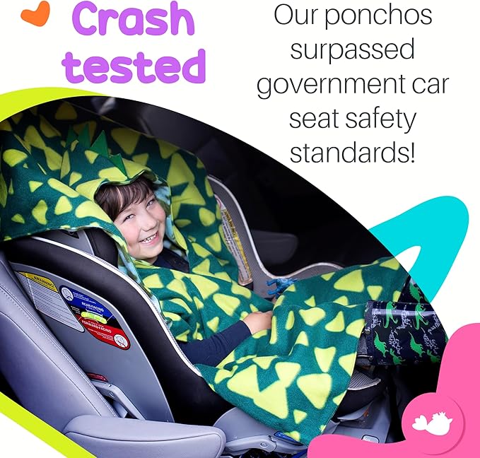 Birdy Boutique Car Seat Poncho for Kids – Safe to Use Over Seat Belts – Reversible Warm and Cozy Blanket – Easy on Easy Off and Doesn’t Impact Car Seat Performance – Green Dinosaur – One Size