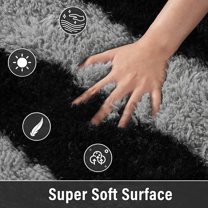 Meralax Area Rugs for Living Room Bedroom, Machine Washable 5x8 Feet Soft Fluffy Shaggy Rug, Grey and Black Stripe Indoor Floor Carpet for Boys, Dorms, Nursery Rooms, Home Decor Aesthetic