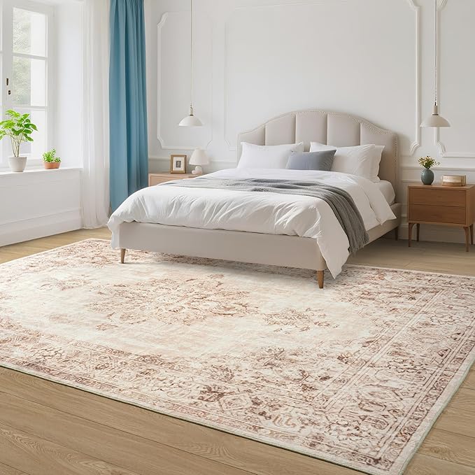 Area Rug 5x7, Washable Rug for Living Room, Large Area Rugs for Bedroom, Vintage Rug 5x7 for Dining Room, Non Slip Soft Low Pile Indoor Carpet for Kitchen, Nursery, Office, Farmhouse, Beige