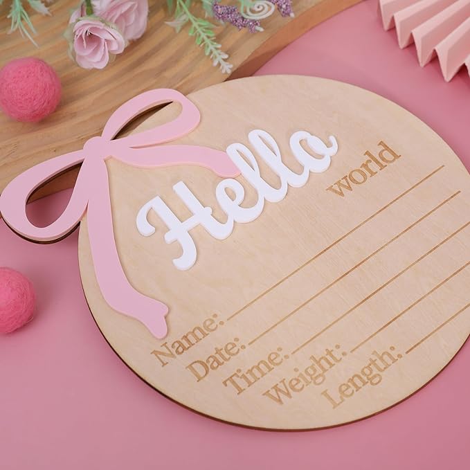 Hello World Birth Announcement - Bow Baby Girl Announcement Sign,Hello World Baby Girl Hospital Sign with Bow(Bow-1)