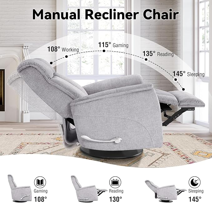 Swivel Rocking Recliner, 360° Manual Comfy Nursery Glider Rocker Chair for for Adults, Upholstered Soft Fabric Reclining Chair with Lumbar Support for Living Room (Silver Grey)
