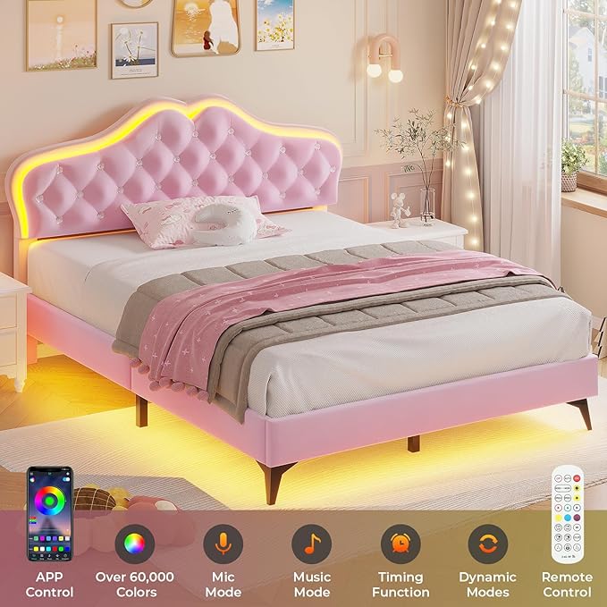 ADORNEVE Queen Size Upholstered LED Bed Frame, Girls Bed with Adjustable Crystal Button Headboard, Velvet Princess Platform Bed for Girls, Solid Wooden Slats, Easy Assembly, Pink